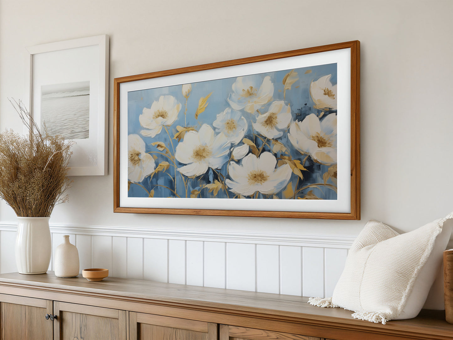White & Blue Floral Frame TV Art